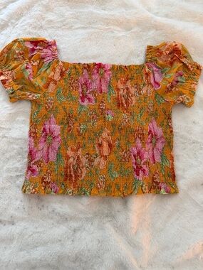 Rose & Olive Mustard Floral Smocked Off-Shoulder Crop Top